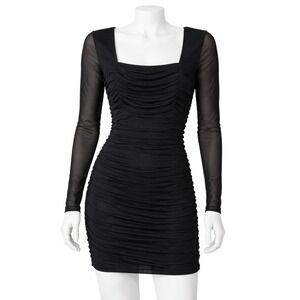 Princess Polly Ruched Black Mesh Dress Women's 6 Whimsigoth Long Sleeve Party
